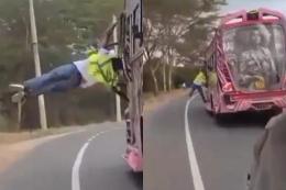 Collage photo of a passenger dangerously hanging on a matatu.